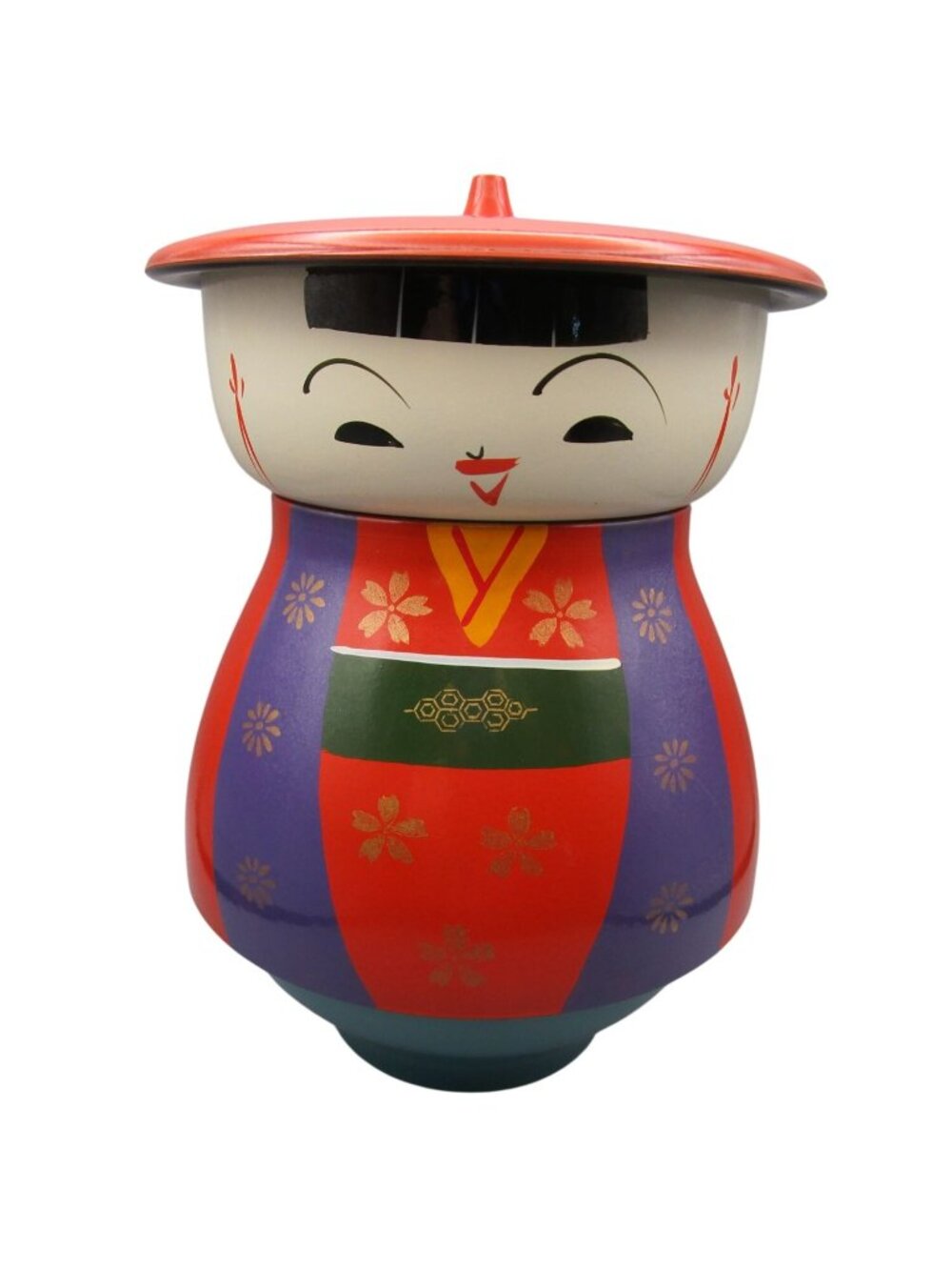 Vintage Japanese Kokeshi Doll Bento Box Hand Painted Colorful Floral Kimono Desi
